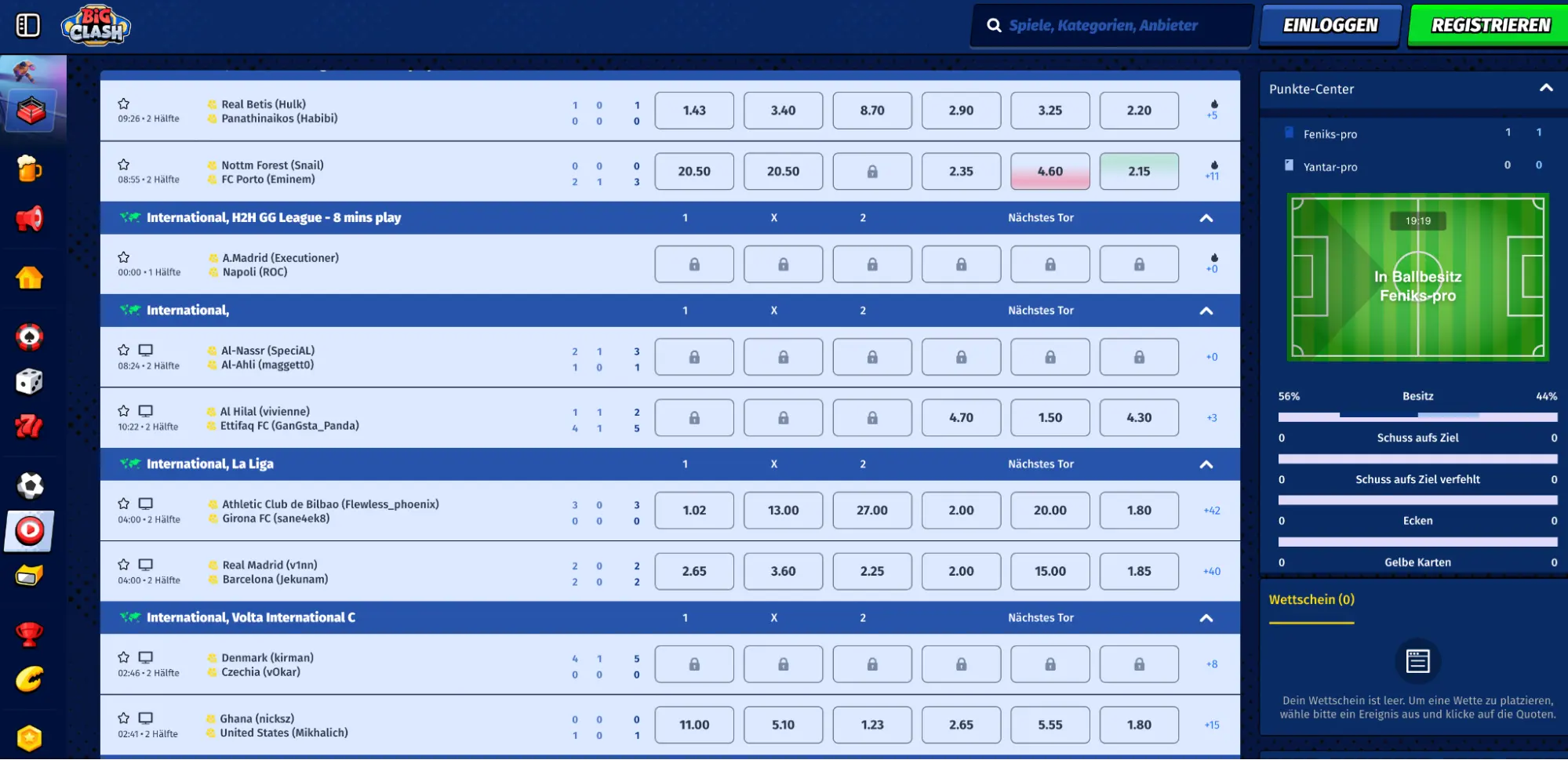 BigClash Sportwetten Übersicht mit internationalen Spielen und Quoten